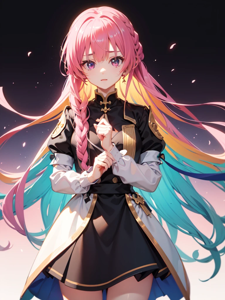 femele, stained glass dress, Colorful, rainbow background, golden stained glass armor,A pink-haired， Rainbow theme, full bodyesbian, exposure blend, 中景 the scene is, bokeh, (HighDynamicRange:1.4), hight contrast, (Cinematic, red and cyan:0.85), (pastel colour, dull colors, Soothing tone:1.3), low-saturation,Mitsukasa Ayase