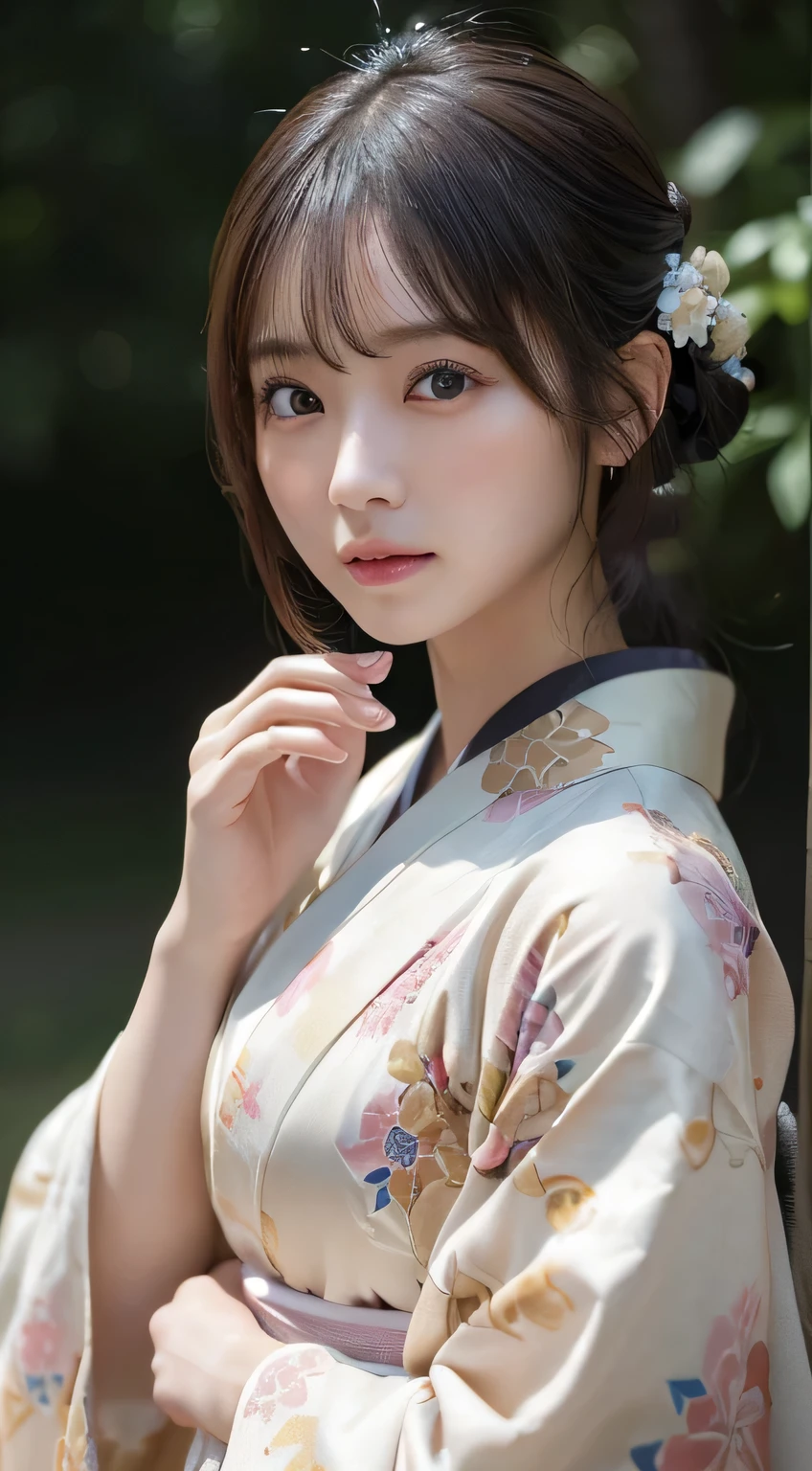 (Kimono)、(23years old)、(top-quality,masterpiece:1.3,超A high resolution,),(ultra-detailliert,Caustics),(Photorealsitic:1.4,RAW shooting,)Ultra-realistic capture,A highly detailed,high-definition16Kfor human skin、 Skin texture is natural、、The skin looks healthy with an even tone、 Use natural light and color、(One Woman)、japanes,,kawaii,A dark-haired,Middle hair,(depth of fields、chromatic abberation、、Wide range of lighting、Natural Shading、)、