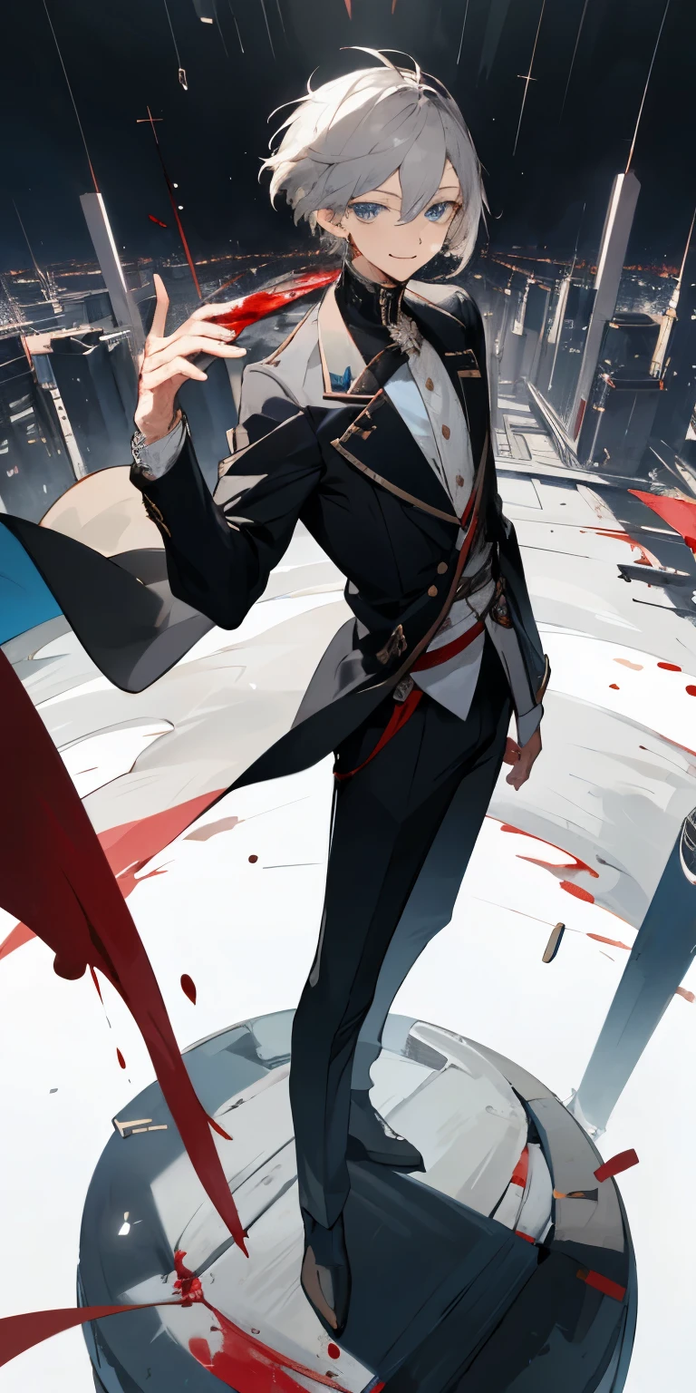 （tmasterpiece，Best quality at best），Full body photo of a man，standing in the air，Short hair, gray hair，eBlue eyes，There is blood on the body，ssmile，One hand up，The background is the city，Looking up at a man&#39;s perspective