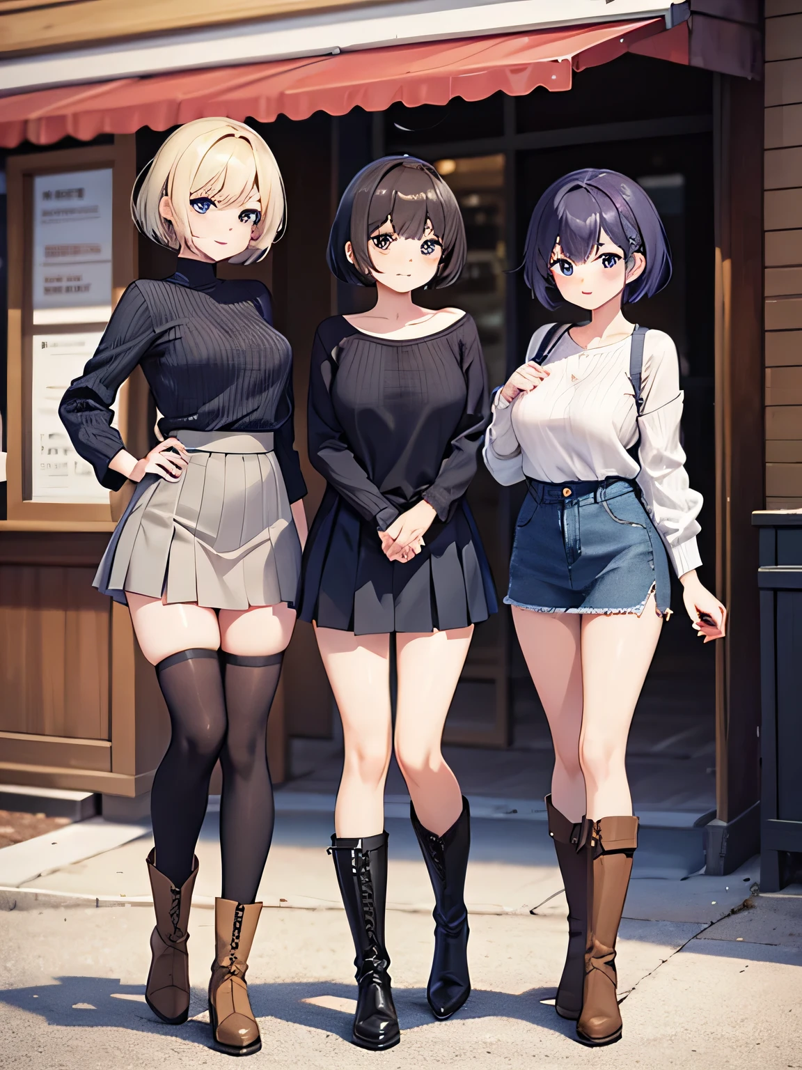 3 women.
The first woman is wearing a sexy knit and pleated skirt and long boots. her hair is cut short.
The second woman is wearing a mini-knit dress that clearly shows her waist and long boots.. Her hair is semi-long.
The third woman is wearing a western shirt, denim miniskirt, and western boots.. Her hair is long.
The place is a café.