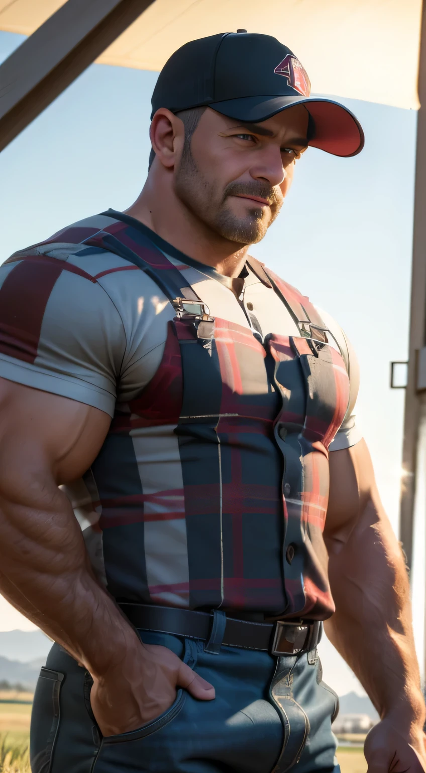 An award-winning original photo，A wild muscular man, (40 years old daddy:1.1), 1boy, Solo, (wearing red plaid overall), (big shoulders), musculature, stubbles, Short beard, Beautiful eyes:1.3, ), (Detailed face:1.3), (baseball cap), smiles, Dynamic Angle, volumetric lighting, (Best quality, A high resolution, Photorealistic), Cinematic lighting, Masterpiece, RAW photo, Intricate details, hdr, depth of field, paddyfield in the background, from below, golden sunshine