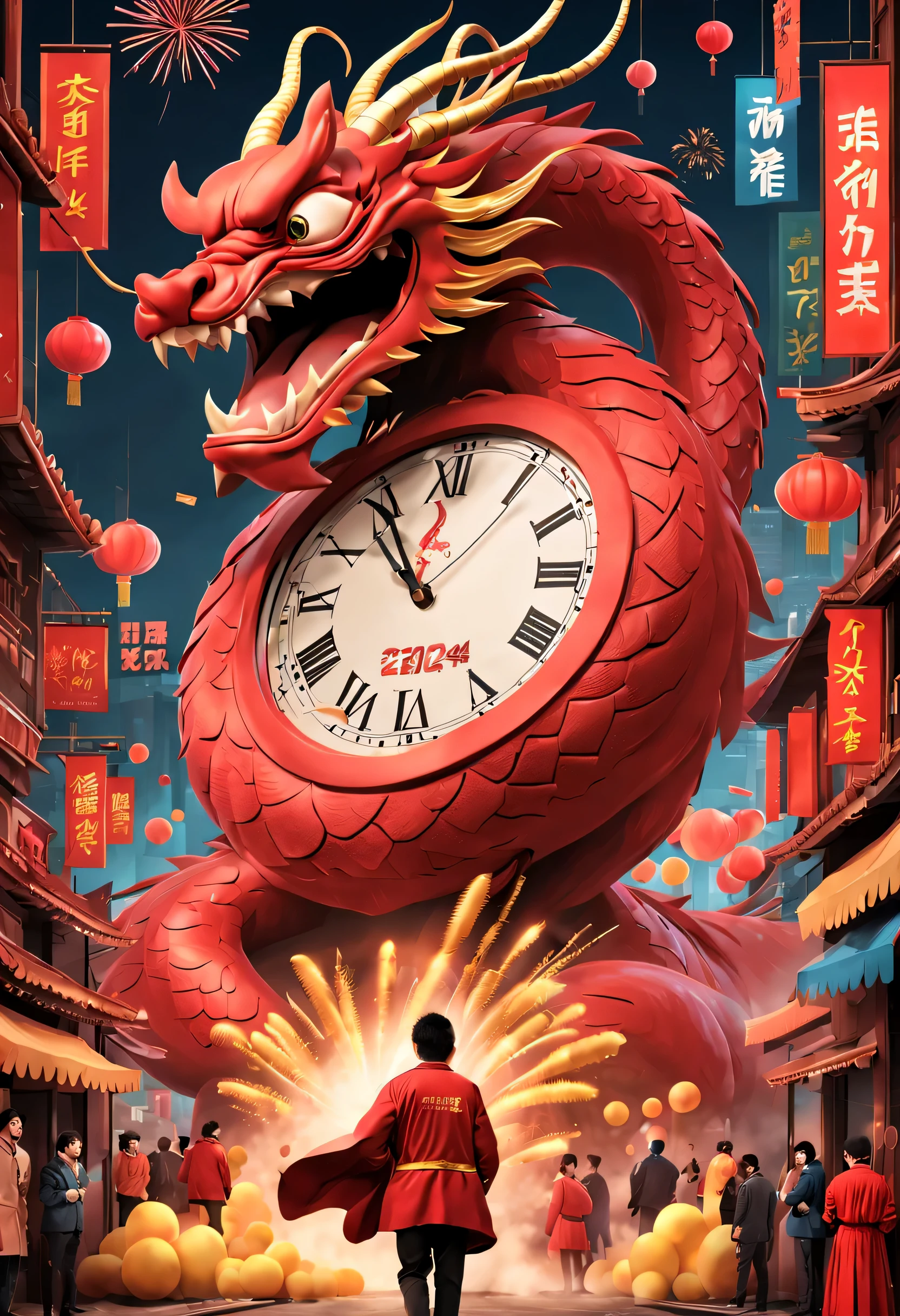 （2024 new year eve new year poster design），Passionate red as the main color，with dynamism，Located in the center of the poster，Smiling giant Chinese dragon and cute rabbit electronic lcd screen countdown clock design，People look at the clock and shout，There are various carnival elements scattered around， (air zone、fire works, ETC) ，At the bottom of the poster， (a happy new year），（Gold Medal 2024 ），Made by Pixar，3D，Steam cyberpunk，