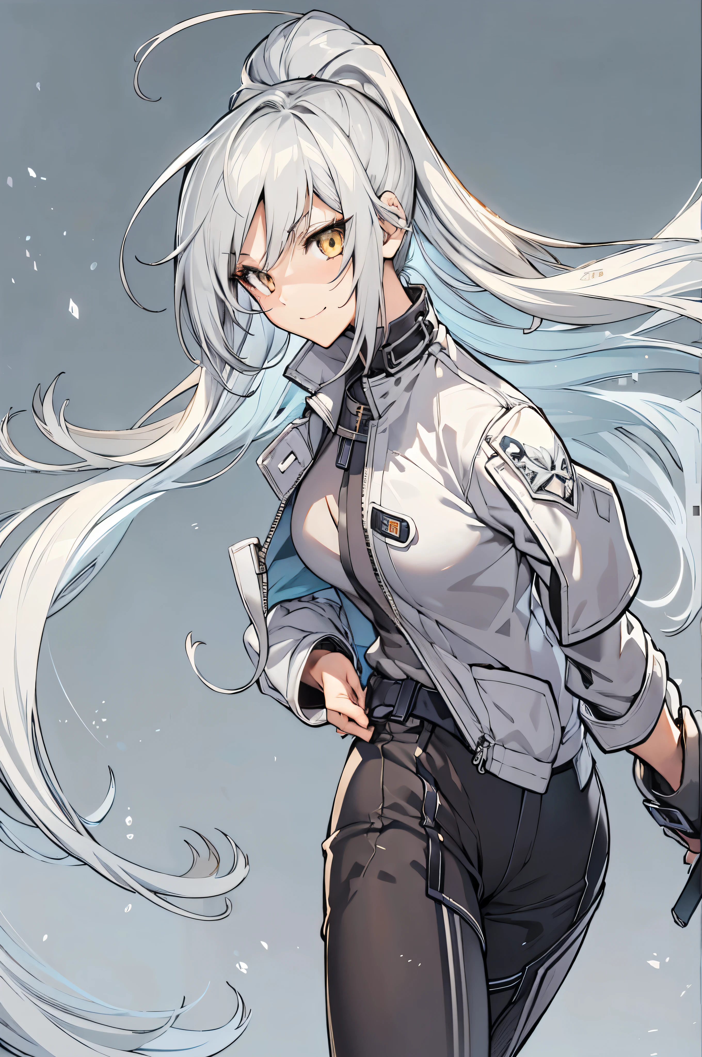 1girl, {Solo}, Upper body ,{{ {up looking at viewer}}}, arm at side, Concept art, white Background, Background, White hair, Silver Gradient Hair , Gold Eye,complex cloth, Asymmetrical clothing, Virtual Youtuber, Best Quality, masutepiece, Dynamic Angle, disgaea style, disgaea style, disgaea style, From above, Leaning forward, High Ponytail, cowboys_shot, up looking_Back, Grabbing, girl,Woman,Female, 年轻,20 years old, Very long hair, ped hair, Silver hair, Flowing hair, Ahoge, Smirk, beautiful and delicate golden eyes, 牙, Medium_breaond eyes, grey Clothes, gray coat, whiteshirt, black trousers, Open jacket, Black clothes,Transparent_Background, Backlighting, absurderes, hight resolution, ultra-detailliert,