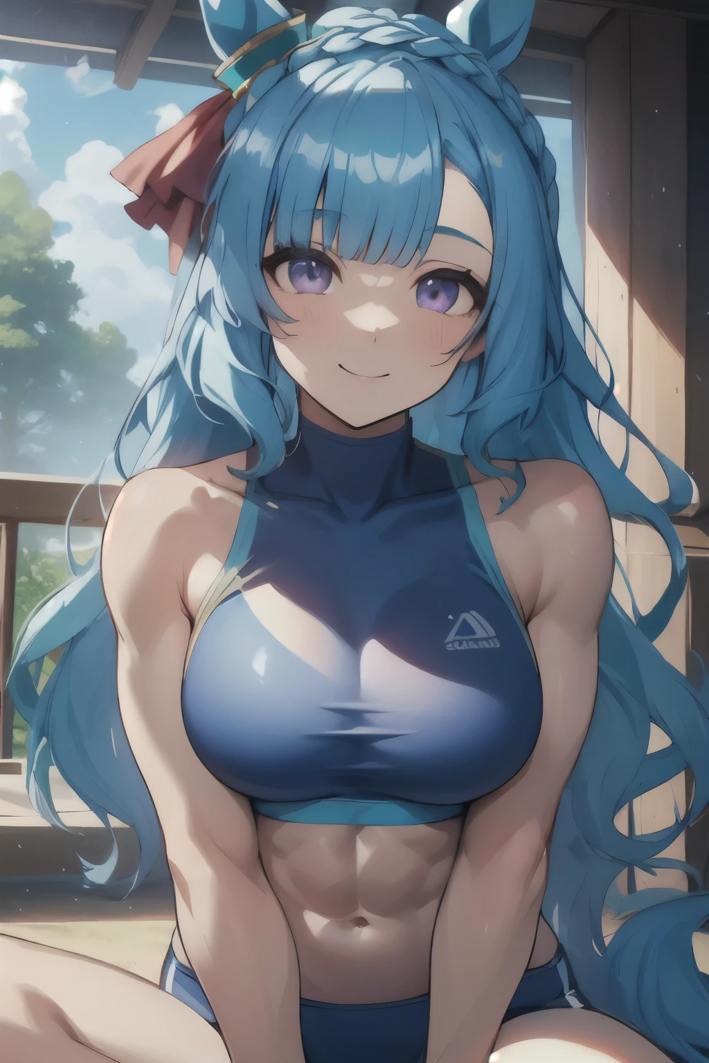 mejiro ardan\(umamusume\), masterpiece, best quality, (ultra-detailed face), muscular, symmetrical face, beautiful face, athletics track, slender, abs, sports bra, horse tail, smile, large tits, hand between legs