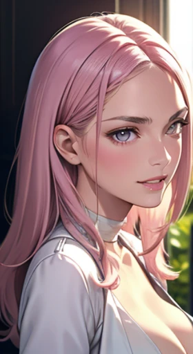 (masterpiece, best quality), shiny face, shiny skin, best quality, ultra-high resolution, depth of field,  intricate details, thin, ((slim)), beautiful girl, Light pink hair, white skin, light purple eyes, sharp jawline, cropped jacket, messy hair, plump lips, upper body, smirk, plum areolas, light colored areolas, Puffy nipples, puffy areolas, both sides of tits is in the flame, detailed eyes, detailed tits, upper body