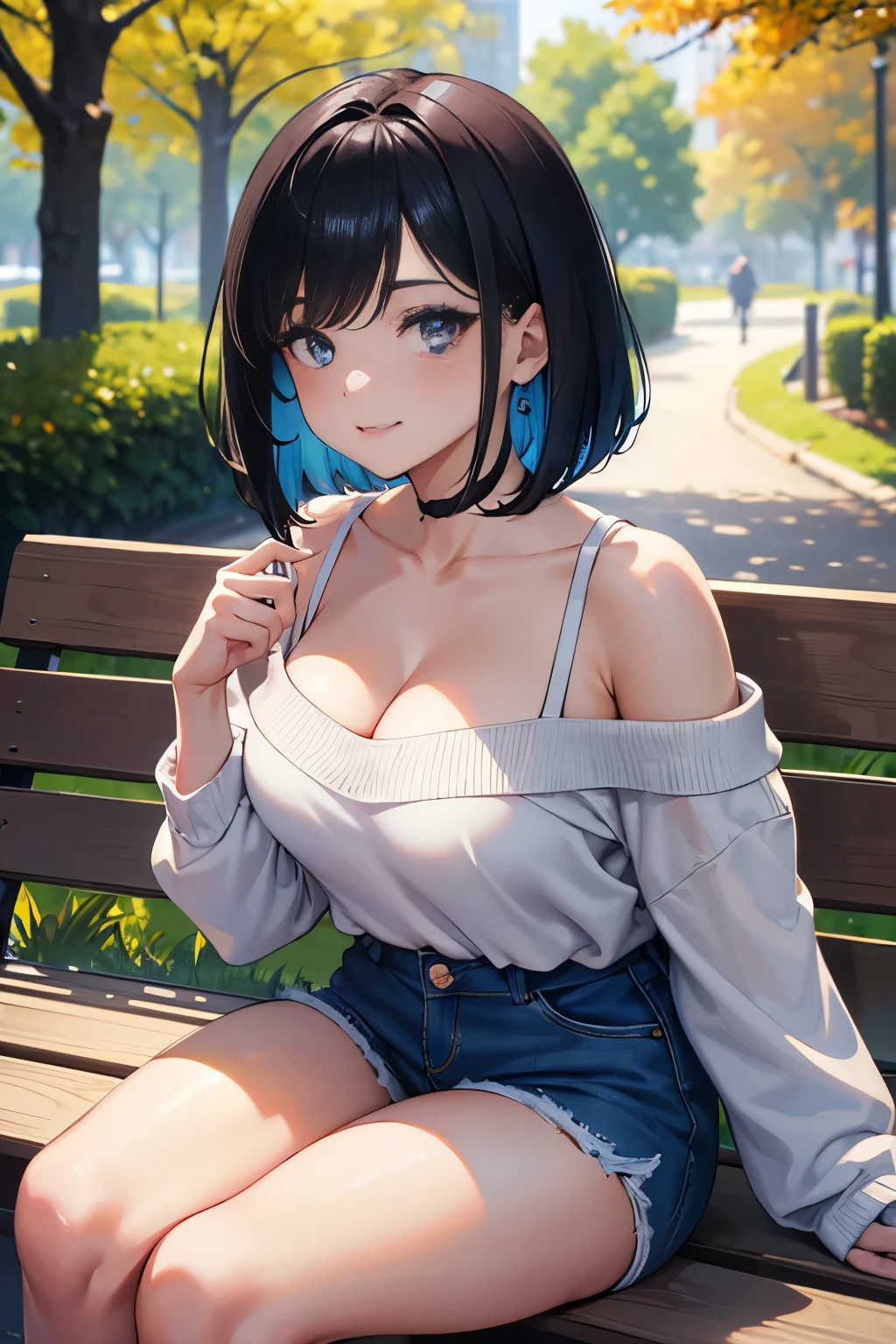 (Masterpiece:1.2, high quality), (absurdres:1.2), (pixiv:1.4), (1girl:1.2), (solo:1.2), (smile:0.8), blush, beautiful caucasian woman, (mature), symmetric face, bob cut with side fringes, bangs, black hair, crystal blue eyes, double eyelids, dark eyeshadow, pale pink lips, smile, collarbone, off-shoulder sweater, cleavage, denim shorts, thighs, slim waist, body curves, dynamic pose, sitting on wooden bench, street steet view, trees, aesthetic outdoors, dawn sky, autumn, autumn tree leaves, ultra detailed, extra details, (highres:1.2), HD, 8k, 1080, vivid colors, dim lighting, intrinsic detaillurry_background:1.2), highly focused face, (detailed face)