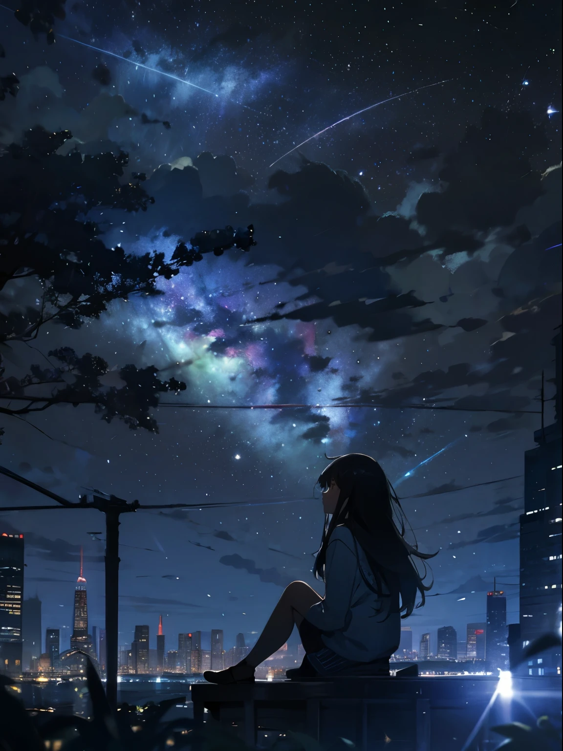 sky, star (sky), scenery, starry sky, night, 1girl, night sky, solo, outdoors, building, cloud, milky way, sitting, tree, long hair, city, silhouette, cityscape