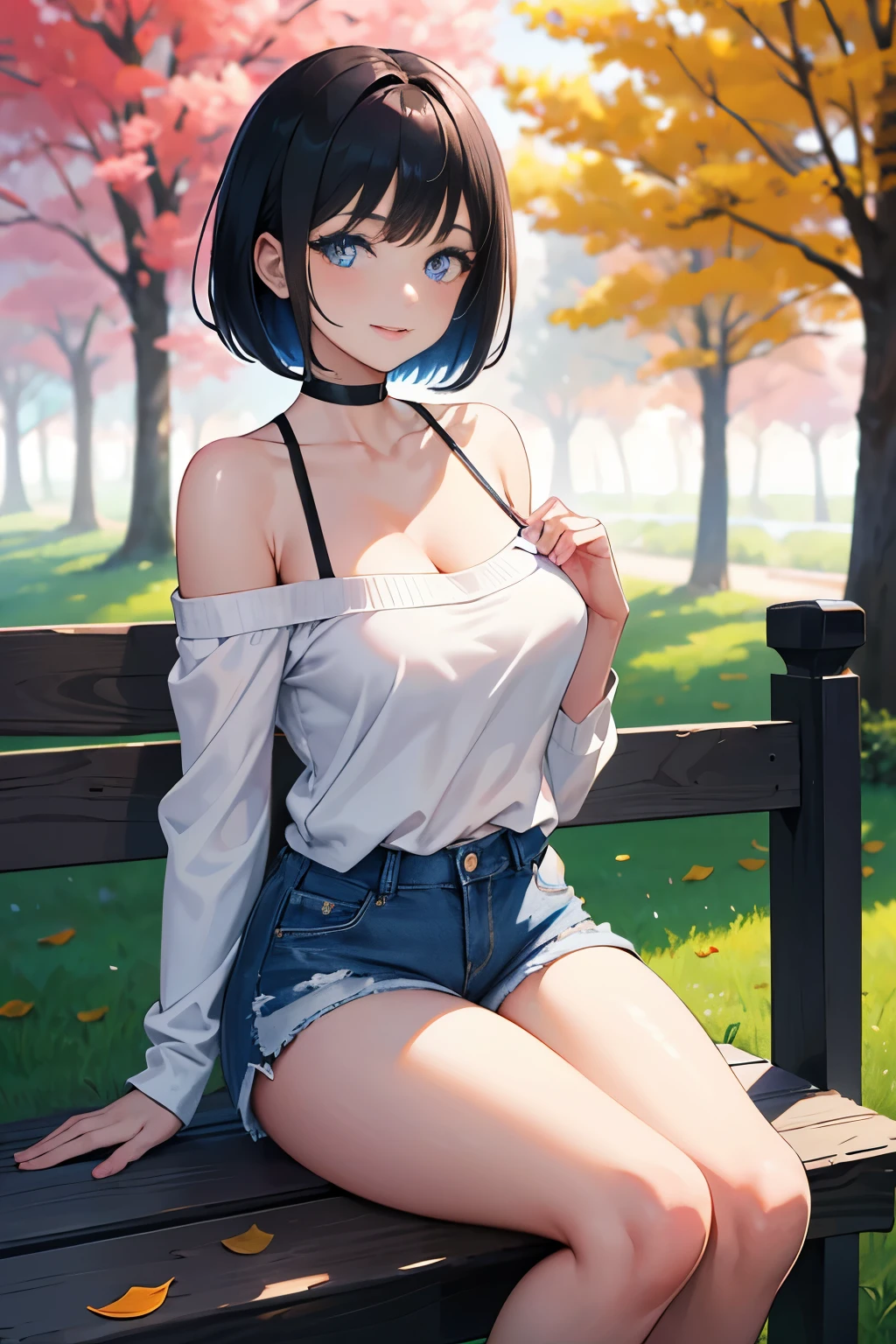 (Masterpiece:1.2, high quality), (absurdres:1.2), (pixiv:1.4), (1girl:1.2), (solo:1.2), (smile:0.8), blush, beautiful caucasian woman, (mature), symmetric face, bob cut with side fringes, bangs, black hair, crystal blue eyes, double eyelids, dark eyeshadow, pale pink lips, smile, collarbone, off-shoulder sweater, cleavage, denim shorts, thighs, slim waist, body curves, dynamic pose, sitting on wooden bench, street steet view, trees, aesthetic outdoors, dawn sky, autumn, autumn tree leaves, ultra detailed, extra details, (highres:1.2), HD, 8k, 1080, vivid colors, dim lighting, intrinsic detaillurry_background:1.2), highly focused face, (detailed face)