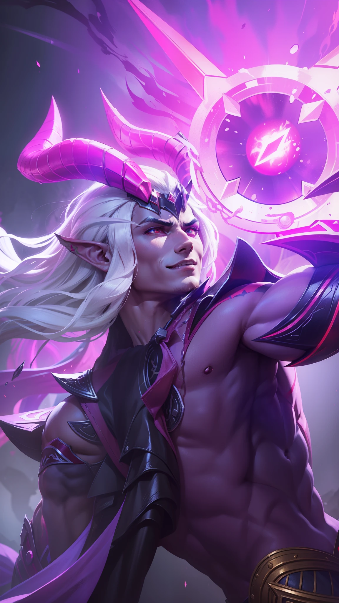 Boy with two big horns, big earrings on ears, elf ear, red eyes, Thick eyebrows, evil smile, grinning,red body, red face, Burning skin, yellow diamonds glistening on chest, burning red skin,golden robe behind, big white belt , 8k , realistic, scary, close-up of a person wearing a gold costume with a spear, inspired by Alpha Crimson Warrior, mobile legends splash art, fuchsia skin under armor, official splash art, shaco from mobile legends, mobile legends style, splash art, mobile legends splash art legend, iconic character splash art