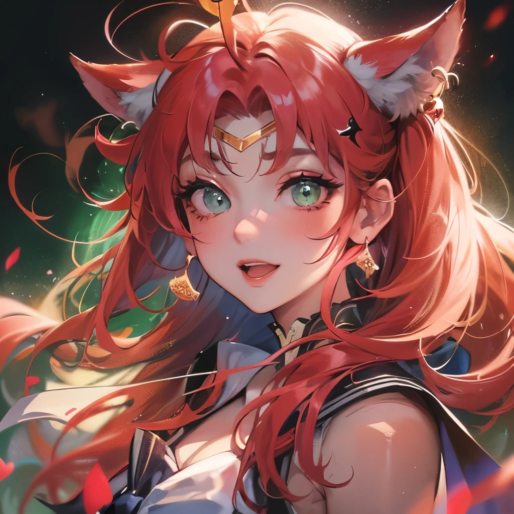 (masterpiece), 8k cg, stunningly beautiful girl, intricate details, chromatic aberration, ((bust shot)), ((looking at viewer)), 1girl, fire fox in sailor moon outfit, (long wavy hair, (scarlet red hair) blunt bangs, ahoge, hair bun, hair bow, hair ornament, crown), (red fox ears), (emerald green eyes, sparkly green eyes, extremely detailed eyes), extremely beautiful and delicate portrait, , cute face, wide smile, joyful, soft cheeks, blush, (pink lipstick), makeup, absurdres, cinematic lighting, dynamic lighting, fantasy, ((dark background, fog))