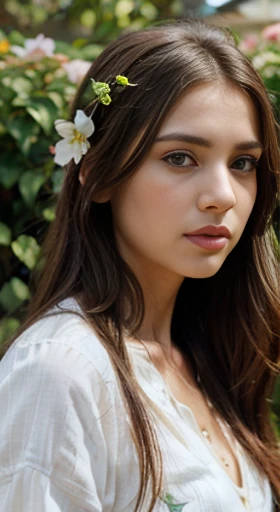 (best quality,ultra-detailed,photorealistic),young woman,beautiful eyes,detailed lips,pensive expression,soft lighting,vibrant colors,,long flowing hair,stylish outfit,garden background,colorful flowers,natural sunlight,serene atmosphere