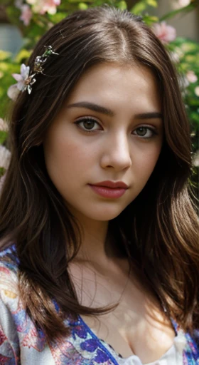 (best quality,ultra-detailed,photorealistic),young woman,beautiful eyes,detailed lips,pensive expression,soft lighting,vibrant colors,,long flowing hair,stylish outfit,garden background,colorful flowers,natural sunlight,serene atmosphere