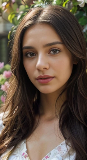 (best quality,ultra-detailed,photorealistic),young woman,beautiful eyes,detailed lips,pensive expression,soft lighting,vibrant colors,,long flowing hair,stylish outfit,garden background,colorful flowers,natural sunlight,serene atmosphere