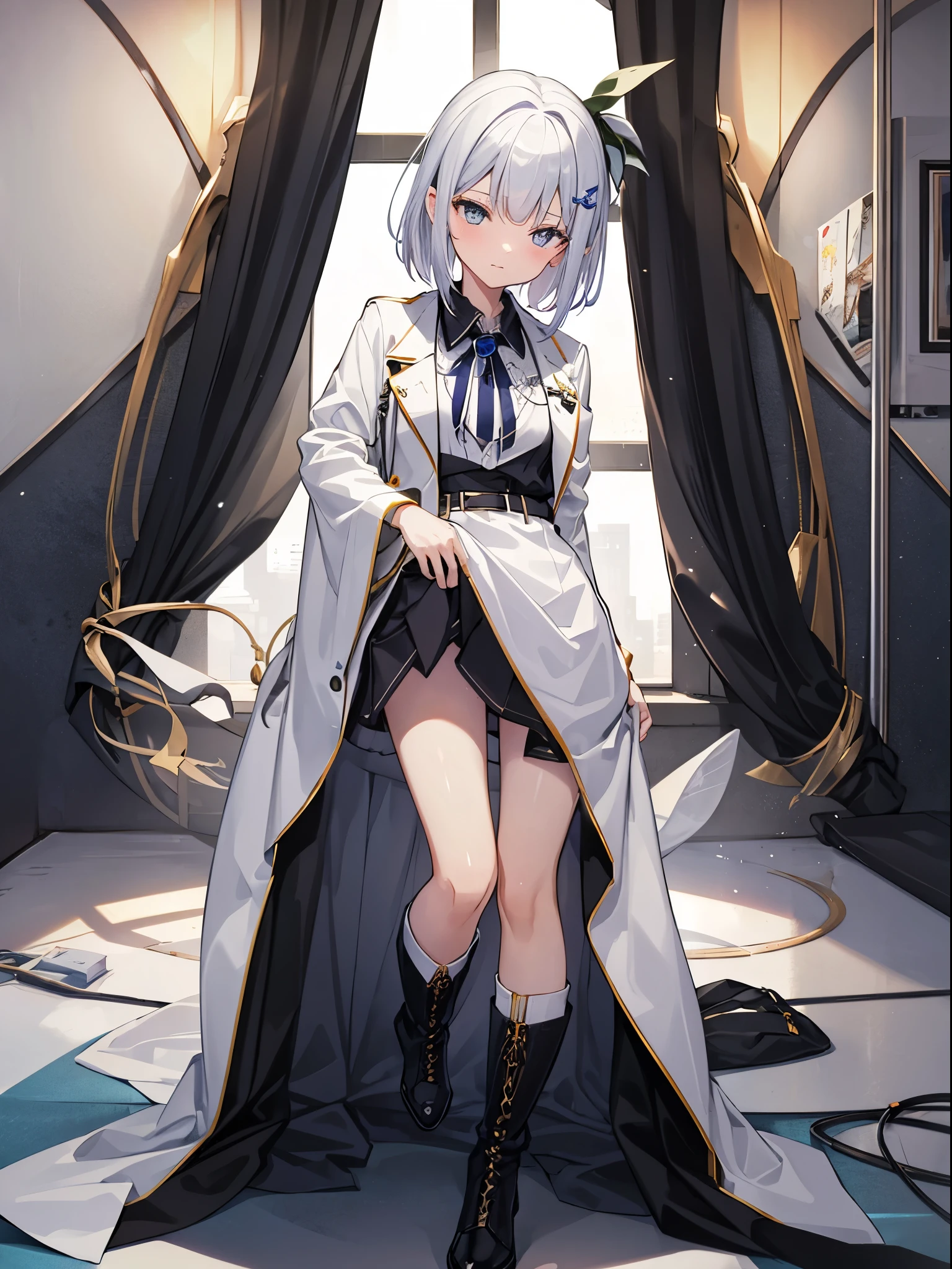 full body shot shot,idoly,portrait,solo person,over knee socks,hair pin,frilld,Boots that are thigh-length,Beautiful boy,Magical Boy,The color hair,lifting up skirt,（white colors）