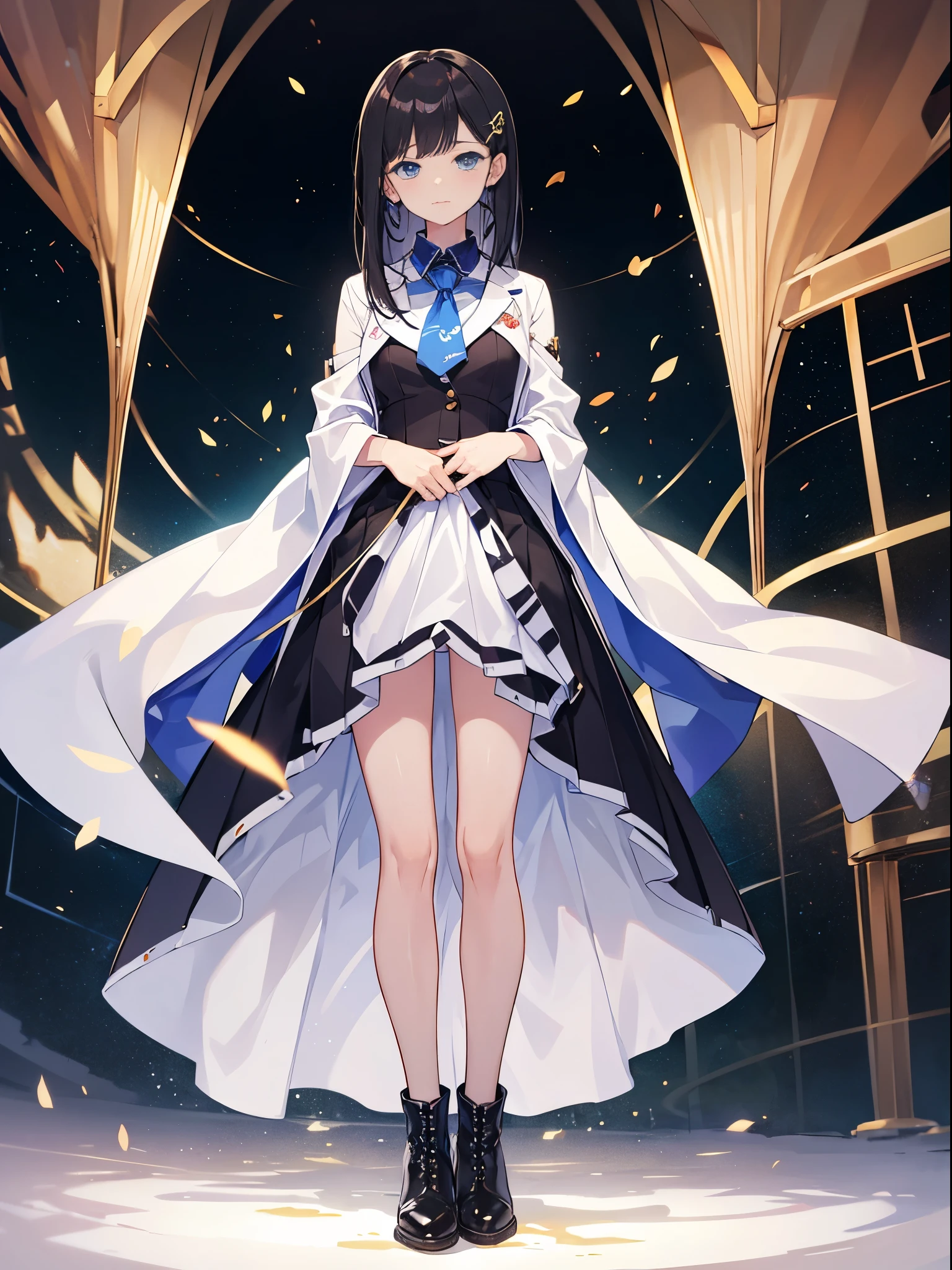 full body shot shot,idoly,portrait,solo person,over knee socks,hair pin,frilld,Boots that are thigh-length,Beautiful boy,Magical Boy,The color hair,lifting up skirt,(white colors)