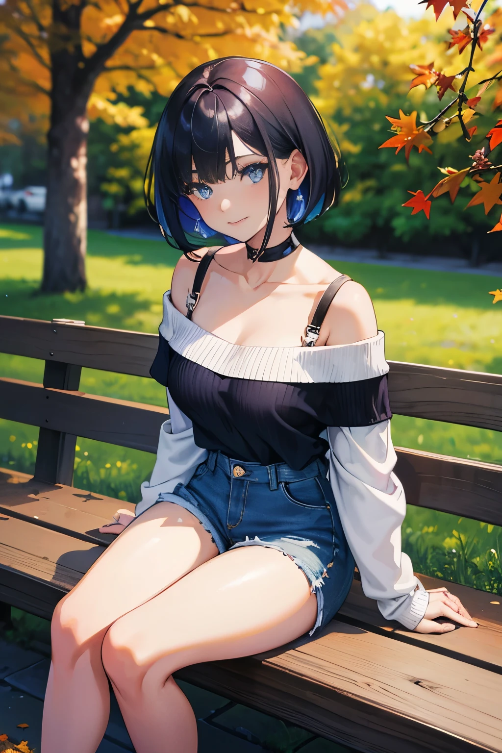(Masterpiece:1.2, high quality), (absurdres:1.2), (pixiv:1.4), (1girl:1.2), (solo:1.2), (smile:0.8), blush, beautiful caucasian woman, (mature), symmetric face, bob cut with side fringes, bangs, black hair, crystal blue eyes, (detailed eyes), double eyelids, dark eyeshadow, pale pink lips, smile, collarbone, off-shoulder sweater, cleavage, denim shorts, thighs, slim waist, body curves, dynamic pose, sitting on wooden bench, street steet view, trees, aesthetic outdoors, dawn sky, autumn, autumn tree leaves, ultra detailed, extra details, (highres:1.2), HD, 8k, 1080, vivid colors, dim lighting, intrinsic detaillurry_background:1.2), highly focused face, (detailed face)
