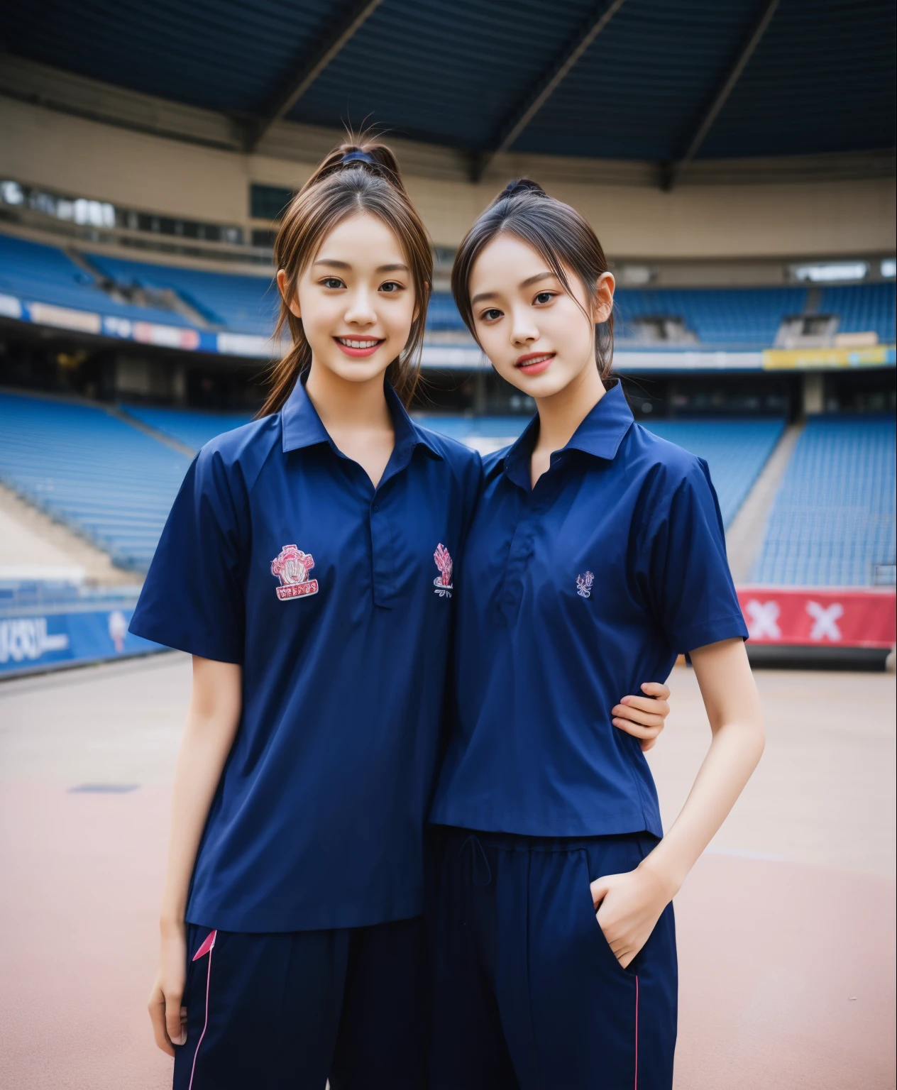 (bestquality,10,10,highres,masterpiece:1.2),ultra-detail,(Realistic,ภาพRealistic,photo-realistic:1.37),1 Cute girl in the football field,oily shiny skin,bara,light smile,BDclothelue shirt:1.3)),short sleeves,shirt, trousers.,(navy_long_ติดตามtrousers:1.1), ((Stadium Background:1.3)),dynamic angle,excited,face focus,Dynamic Poses,from behide,Ass Focus,masterpiece, bestquality, ultra realistic, hyper-detail, 8k resolution, RAW photo, crisp focus, ((Navy blue shirt:1.1)), short sleeves, เส้นทางlong, Complete bodyแบบ, 2 mature women, 18yo, cinematic light,trousersวอร์มสีน้ําเงิน,Gymware,Correct anatomy,Complete body, Correct body, sharp face, Correct bodyทางกายวิภาค, full entire body, Realistic gestures, long-haired, Realistic poses,Wear long shorts...........................................,ช่วงขาlong,Shapely,Sculpting Girl, Slender Figure, mannequin mannequins, Shapely, Beautiful body,trousersวอร์มสีน้ําเงิน, Two girls kissing