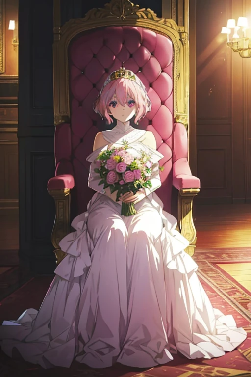 A pink haired queen with violet eyes with an hourglass figure with short hair is arranging a bouquet of flowers in the throne room