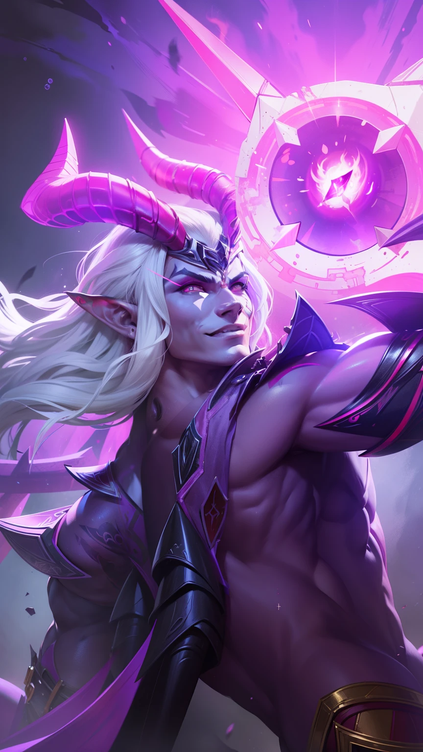 Boy with two big horns, big earrings on ears, elf ear, red eyes, Thick eyebrows, evil smile, grinning,red body, red face, Burning skin, yellow diamonds glistening on chest, burning red skin,golden robe behind, big white belt , 8k , realistic, scary, close-up of a person wearing a gold costume with a spear, inspired by Alpha Crimson Warrior, mobile legends splash art, fuchsia skin under armor, official splash art, shaco from mobile legends, mobile legends style, splash art, mobile legends splash art legend, iconic character splash art