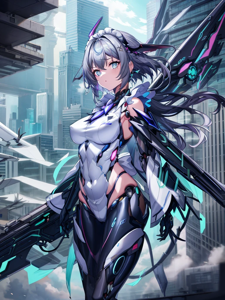 top-quality、ighly detailed、​masterpiece、ultra-detailliert、illustratio、((1girl in))、silber hair、length hair、Floating hair、、Cyber City、Neon building、(The upper part of the body:1.05)、extremely_Detailed_Eyes_And_Face, mechanical wings、Random posture、Skyscraper、、Mechumusume、shrine maiden clothe,maid clothes、Random angles、anime styled,cowboy  shot
