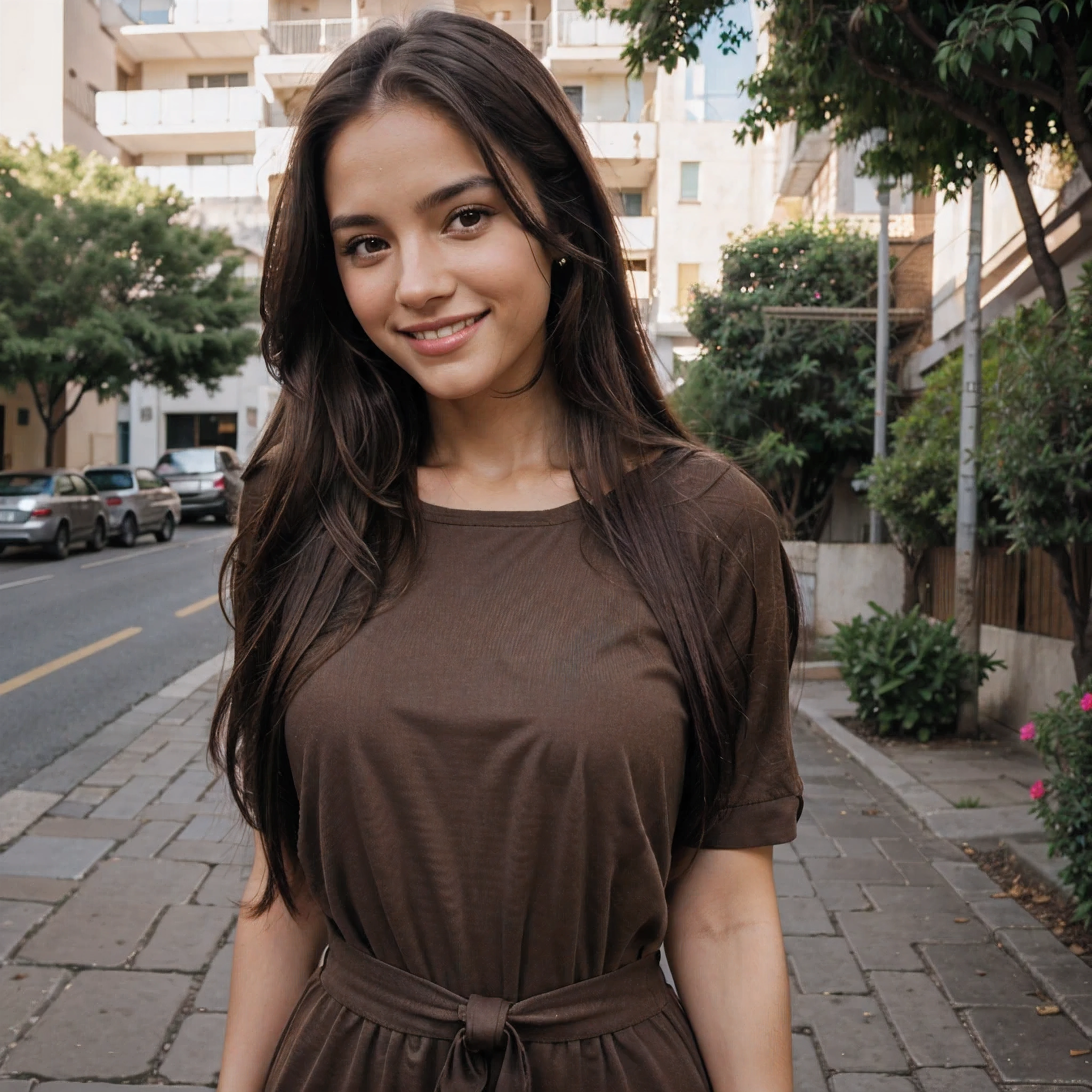 Hermosa mujer, plano americano, en la calle posando, sonriendo a la camara, Long straight brown hair, ojos oscuros