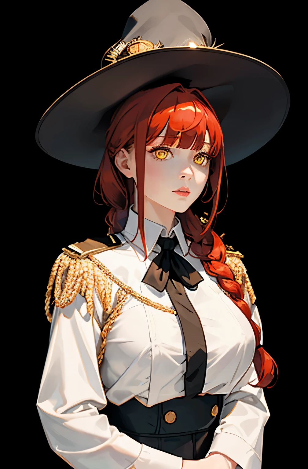 Half body, detailed eyes, Medium tits, masterpiece, (photorealistic:1.4), best quality, beautiful lighting, large witch hat, admiral long coat, shoulder badge, (ulzzang-6500:0.5), makima \(chainsaw man\), (red hair)+(single long braided hair)+(bangs), yellow eyes, golden eyes, (white shirt), RAW photo, 8k uhd, film grain, at castle, mediavel,