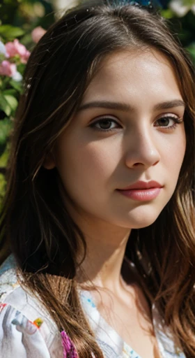 (best quality,ultra-detailed,photorealistic),young woman,beautiful eyes,detailed lips,pensive expression,soft lighting,vibrant colors,,long flowing hair,stylish outfit,garden background,colorful flowers,natural sunlight,serene atmosphere