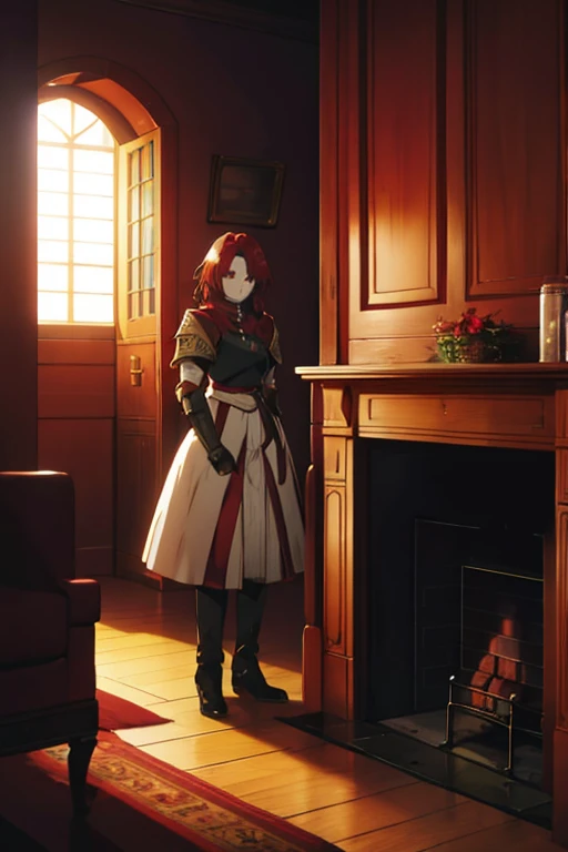 A red haired female knight with red eyes is standing by a fireplace