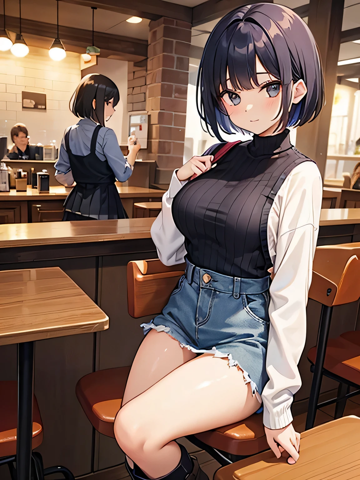 score_9, score_8_up, score_7_up, score_6_up, source_anime,masterpiece,best quality,highres,absurdres,official art,official style,source_anime,anime screencap,anime coloring,megami magazine,anime,animated,BREAK
1girl,Takarada_Rikka, black hair, blue eyes, detailed eyes, long hair, medium breasts, <lora:Takarada_Rikka_Pony:1>, ponytail, orange scrunchie
1girl,solo,indoor,cafe,coffee shop,
ruanyi0892,belt,black pantyhose,high-waist skirt,sleeveless sweater,sitting,stool, <lora:0892 Home wear_v1_pony:1>