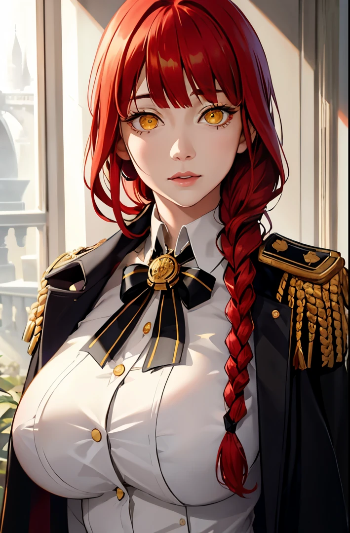 Half body, detailed eyes, Medium tits,  masterpiece, (photorealistic:1.4), best quality, beautiful lighting, admiral long coat, shoulder badge, (ulzzang-6500:0.5), makima \(chainsaw man\), (red hair)+(single long braided hair)+(bangs), yellow eyes, golden eyes, (white shirt), RAW photo, 8k uhd, film grain, at castle, mediavel,