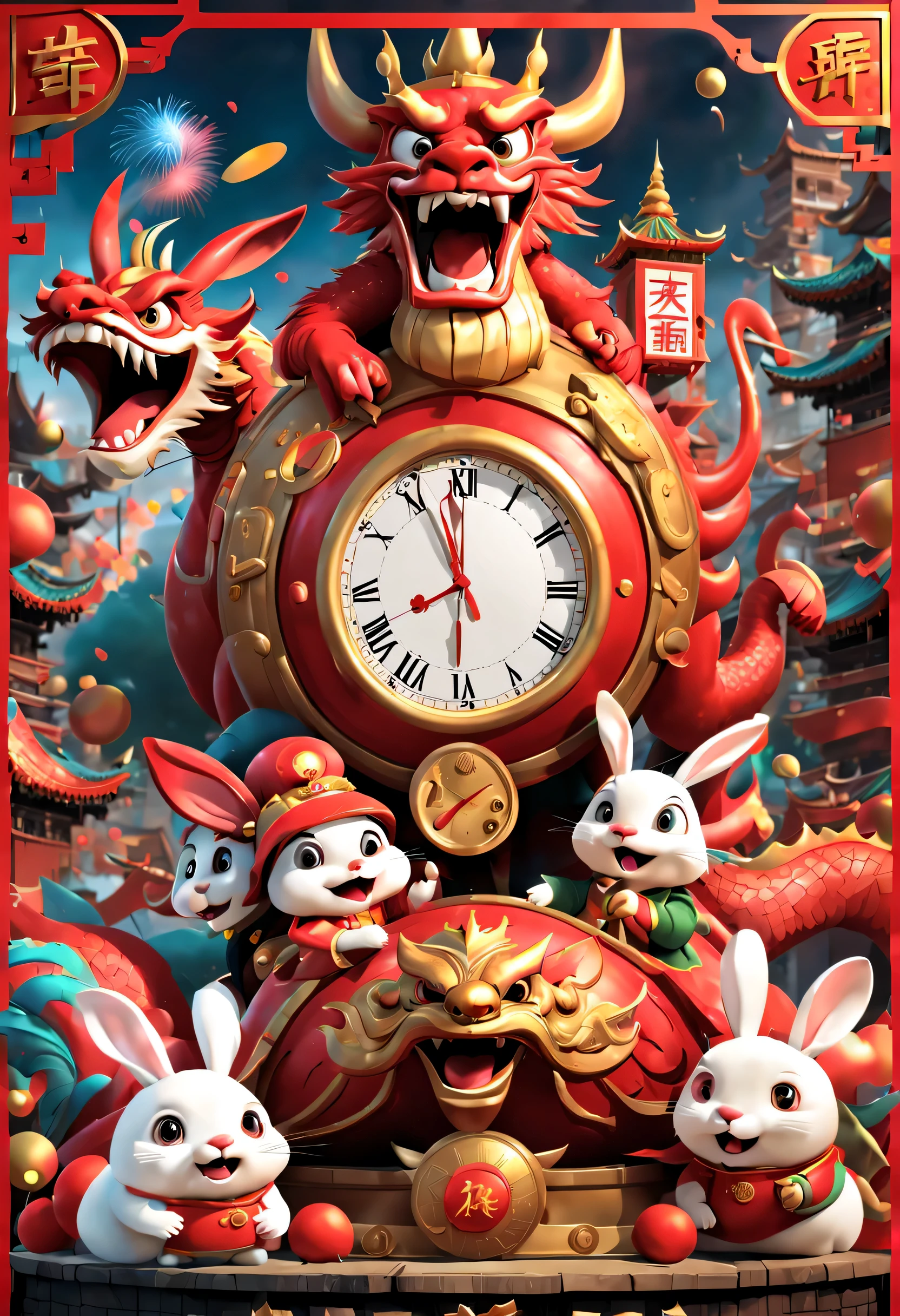 （2024 new year eve new year poster design），Passionate red as the main color，with dynamism，Electronic LCD screen countdown clock design is located in the center of the poster，Smiling giant Chinese dragon lady and cute bunny man，People look at the clock and shout，There are various carnival elements scattered around， (air zone、fire works, ETC) ，At the bottom of the poster， (Happy New Year Gold Award），（2024 Gold Medal ），Made by Pixar，3D，Steam cyberpunk，