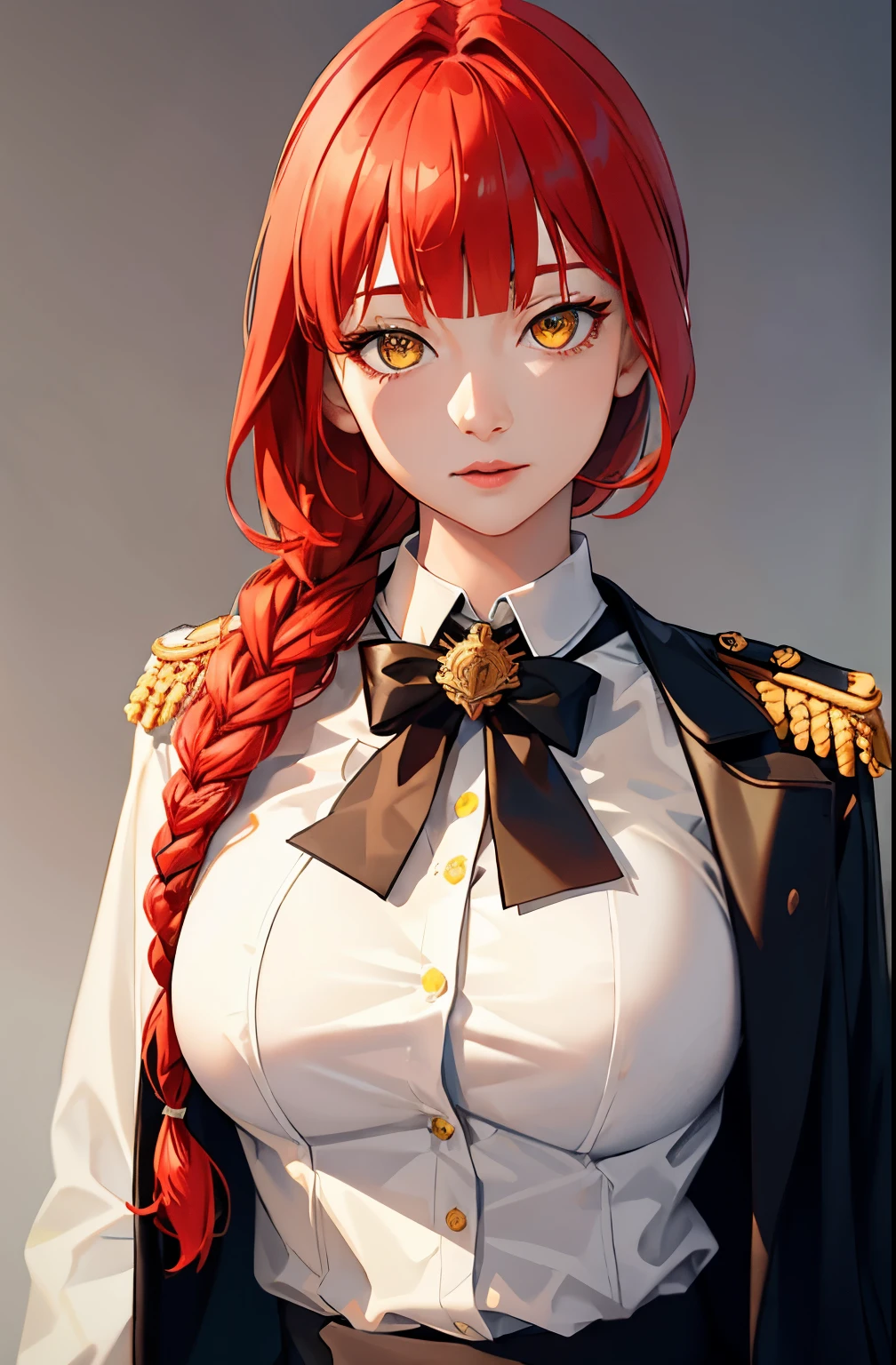 Half body, detailed eyes, Medium tits,  masterpiece, (photorealistic:1.4), best quality, beautiful lighting, admiral long coat, shoulder badge, (ulzzang-6500:0.5), makima \(chainsaw man\), (red hair)+(single long braided hair)+(bangs), yellow eyes, golden eyes, (white shirt), RAW photo, 8k uhd, film grain, at castle, mediavel,