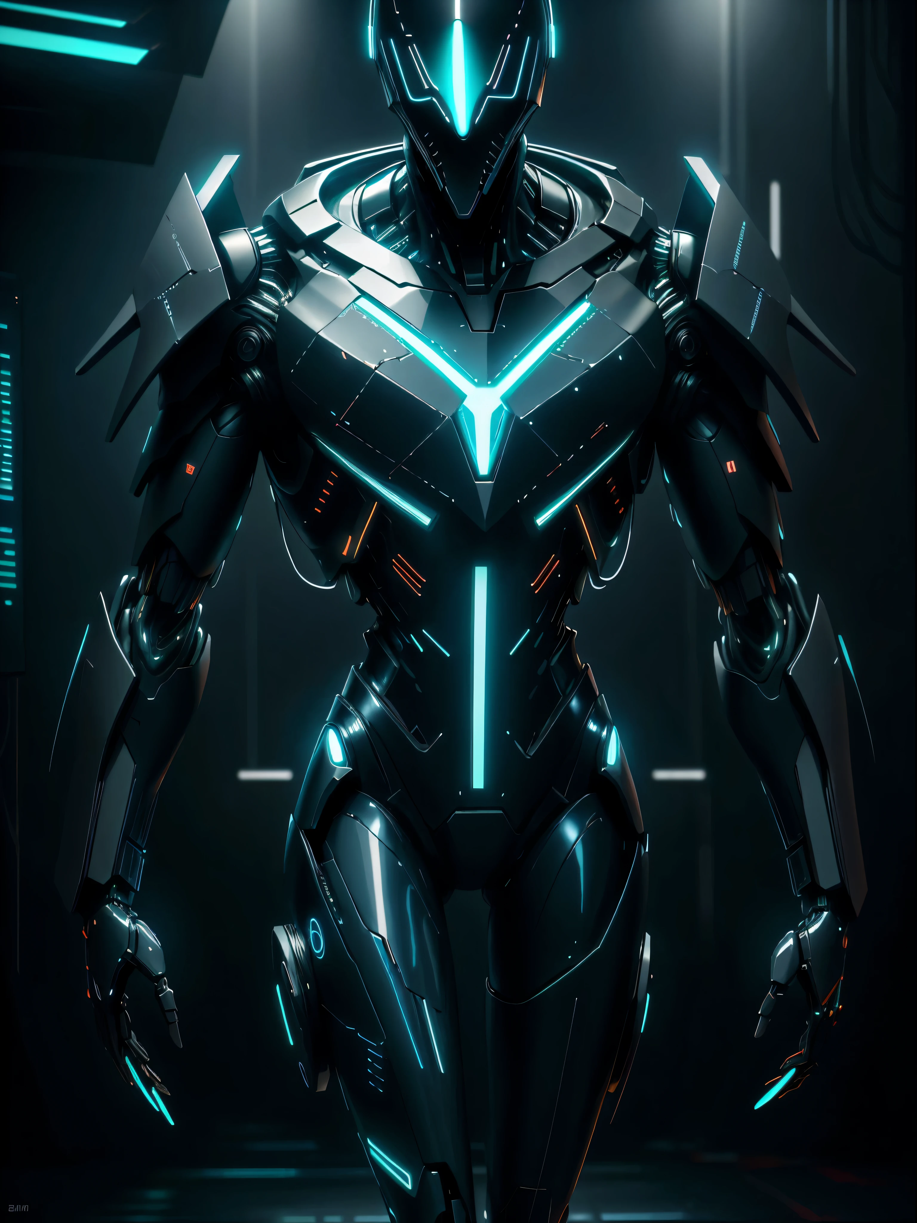 realistic,shiny,reflective,bioluminic, galactic cybernetic mask,mecha,( Slenderman :1.2)sh4g0d,GlowingRunes_red, slim body, fullbody,cinemnatic, neon lights in the background,back light,high contrast,