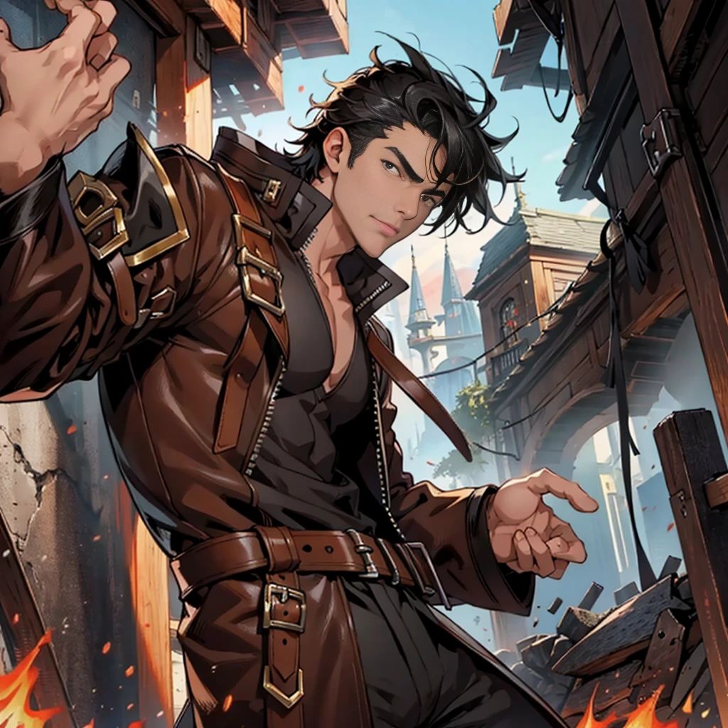 masterpiece, best quality, 1man, , male focus, solo, medium black hair, vibrant black eyes, looking at viewer, closed mouth, erotic, Fantasy aesthetics, Highly detailed, shadowverse style, leather coat, Show off the big bulge. outdoor