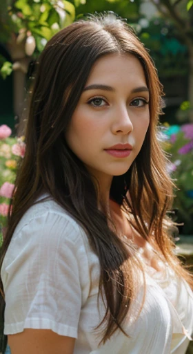(best quality,ultra-detailed,photorealistic),young woman,beautiful eyes,detailed lips,pensive expression,soft lighting,vibrant colors,,long flowing hair,stylish outfit,garden background,colorful flowers,natural sunlight,serene atmosphere, big natural breasts, 4k details,