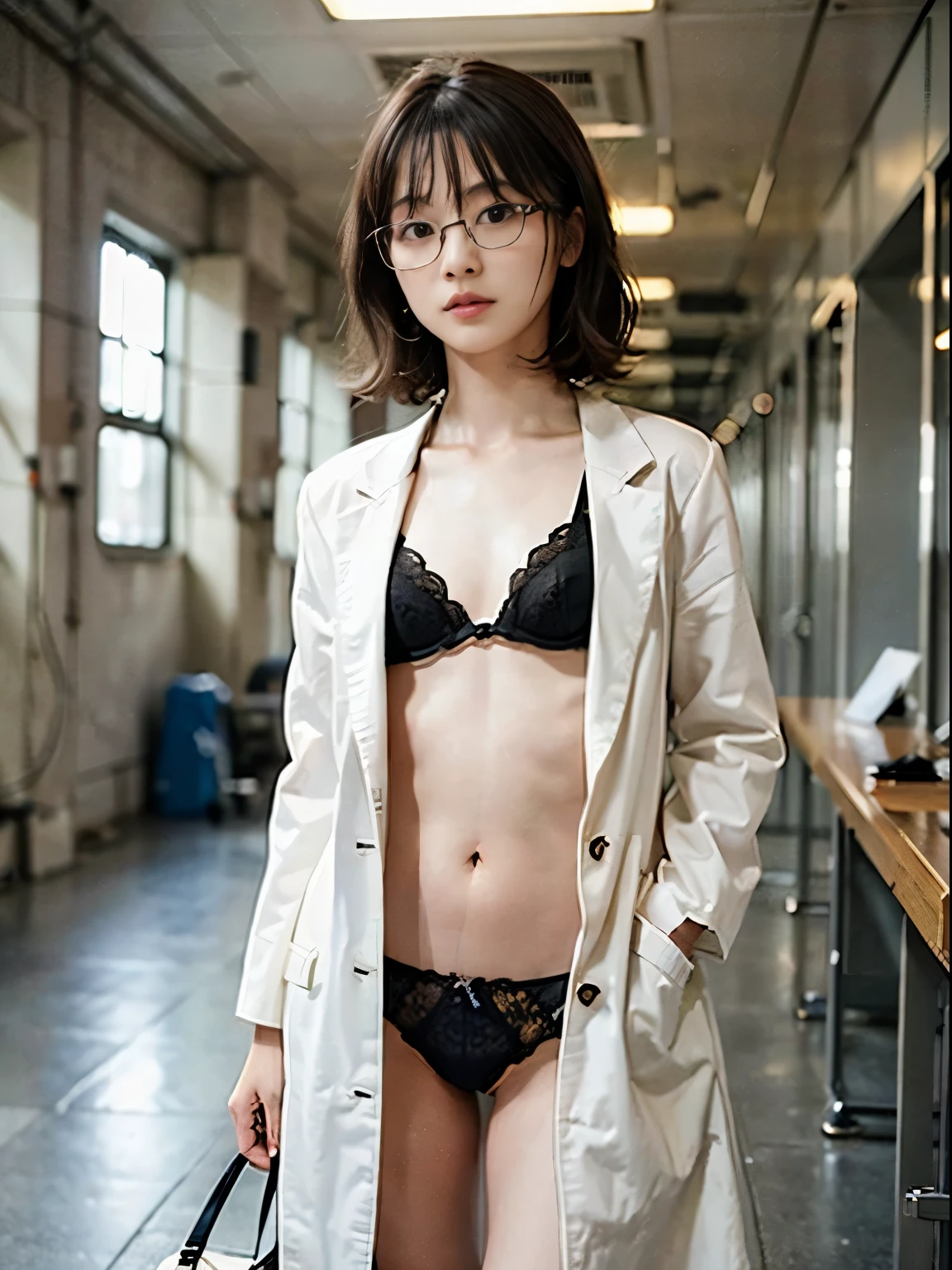 raw photo, 8k, (top-quality), Realistic, (real picture, Intricate details), (natural skin texture, detailed skin, hyper realism, sharpness), ((black lingerie)), ((opening the front of the white  coat, black high heels)), (((Japanese college girl standing in the Nuclear power laboratory, hands in pocket))), (((Small chest:1.4))), ((intelligent face:1.1, parted lips, glasses)), (no makeup), Fair skin, wavy short hair, short bangs, hard lighting:1.3