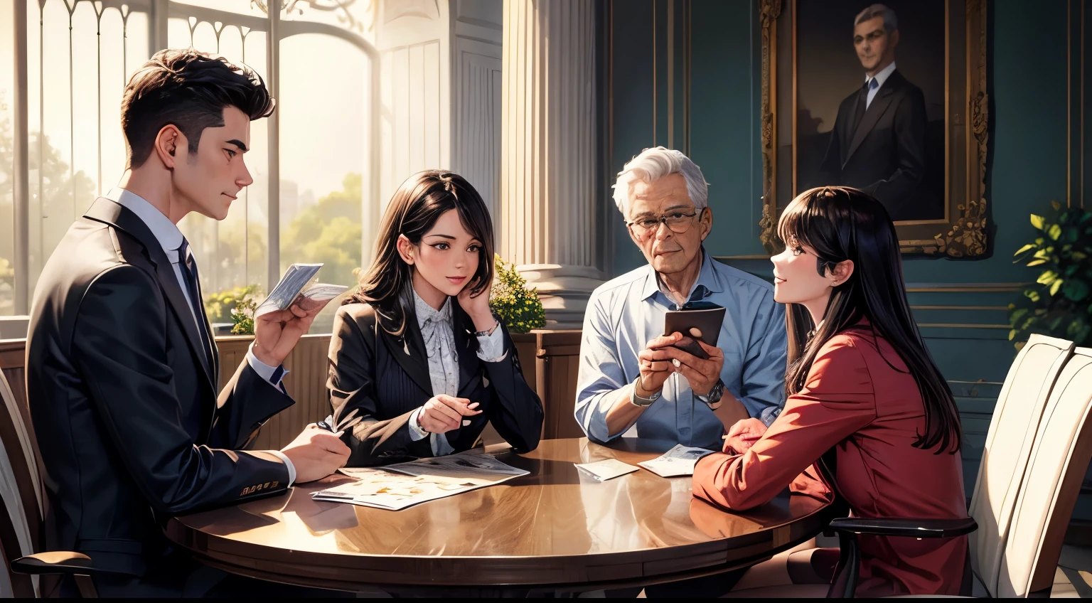 In the foreground, a group of people relaxing while playing cards. In the background, the facade of an elegant mansion, a symbol of financial comfort achieved in old age. Despite the apparent serenity, some details reveal how that tranquility stems from long-term financial planning: an open book lies on the table, with the title "Serious Money" prominently displayed.