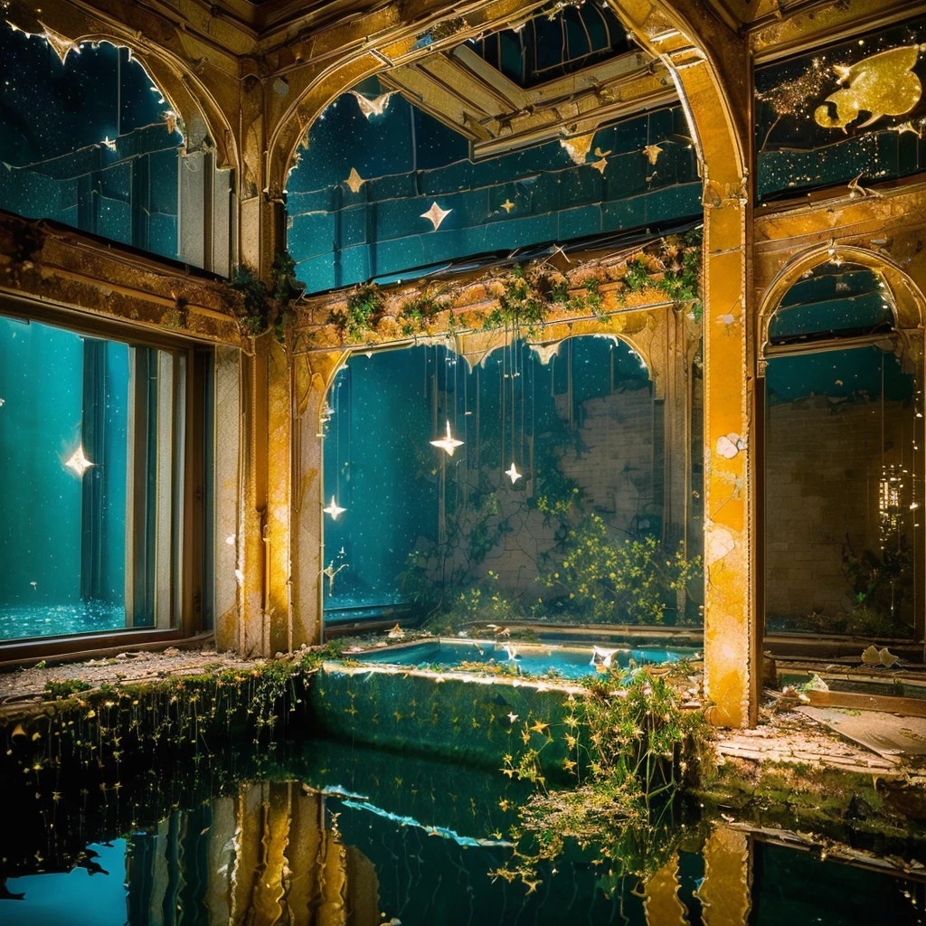 (((best, highest quality)) (((( masterpiece))), (((highest quality))), (((super detailed))), (very delicate and beautiful)), no humans, cinematic light, (((water pooling in old building and reflecting starry sky))), Milky Way, (rusty sign)), ruins, hanging ivy, summer, moon, cherry blossom,