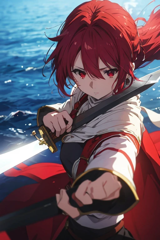 A red haired female knight with red eyes is practicing with her sword