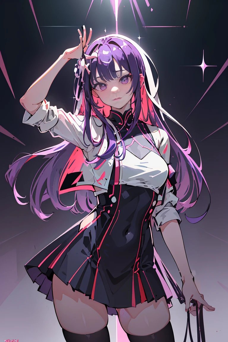 Japanese cartoon, girl,full bodyesbian,Barefoot, (((1个girl))), techwear outfits, (((deep purple hair, long whitr hair))), ((Vibrant light purple eyes:1.3, upturned eyes: 1, perfect eyes, 美丽细致的眼睛, Gradient eyes: 1, Delicate and beautiful eyes: 1, symetrical eyes: 1, There is a big bright spot on the eye: 1.2)), ((fat)), (((Glow skin: 1.5, Brightens skin: 1.5, with fair skin, Glossy glossy skin, Very Glossy glossy skin, shining body, plastic glitter skin, Exaggerated Glossy glossy skin, Glowing skin))), (Detailed body, (详细的脸)), young, idol pose, (Best quality at best), Cyberpunk jacket, Loose T-shirt, loose skirt, stocklings, Garter belt, Dress modestly, Skin coverage, Cute personality, A high resolution, Focus sharp, ultra - detailed, The is very detailed, extremely high quality artwork, (actual, realisticlying: 1.37), 8K_the wallpaper, (The is very detailed CG 8K), (Very beautiful 8K CG), ((Hyper Super ultra - detailed Perfect Piece)), (((Perfect masterpiece))), illustratio, vivd colour, (iintricate), hight contrast, Selective lighting, double contact, HighDynamicRange (HighDynamicRange), Post-processing, The background is blurred out