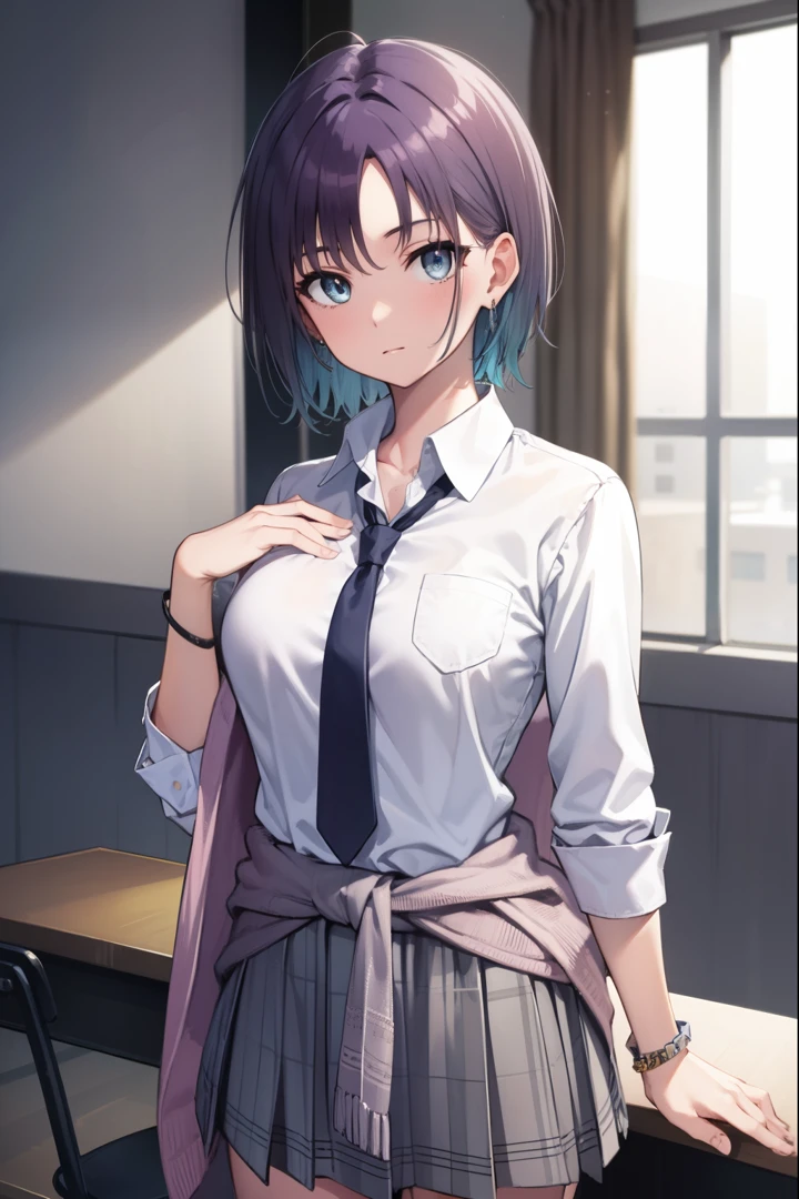 toruasakura, toru asakura, blue hair, earrings, gradient hair, multicolored hair, parted bangs, purple hair,
BREAK cardigan, cardigan around waist, clothes around waist, loose necktie, open collar, plaid, plaid skirt, pleated skirt, school uniform, skirt, sleeves rolled up, wristband,
BREAK looking at viewer,
BREAK indoors, classroom,
BREAK (masterpiece:1.2), best quality, high resolution, unity 8k wallpaper, (illustration:0.8), (beautiful detailed eyes:1.6), extremely detailed face, perfect lighting, extremely detailed CG, (perfect hands, perfect anatomy),