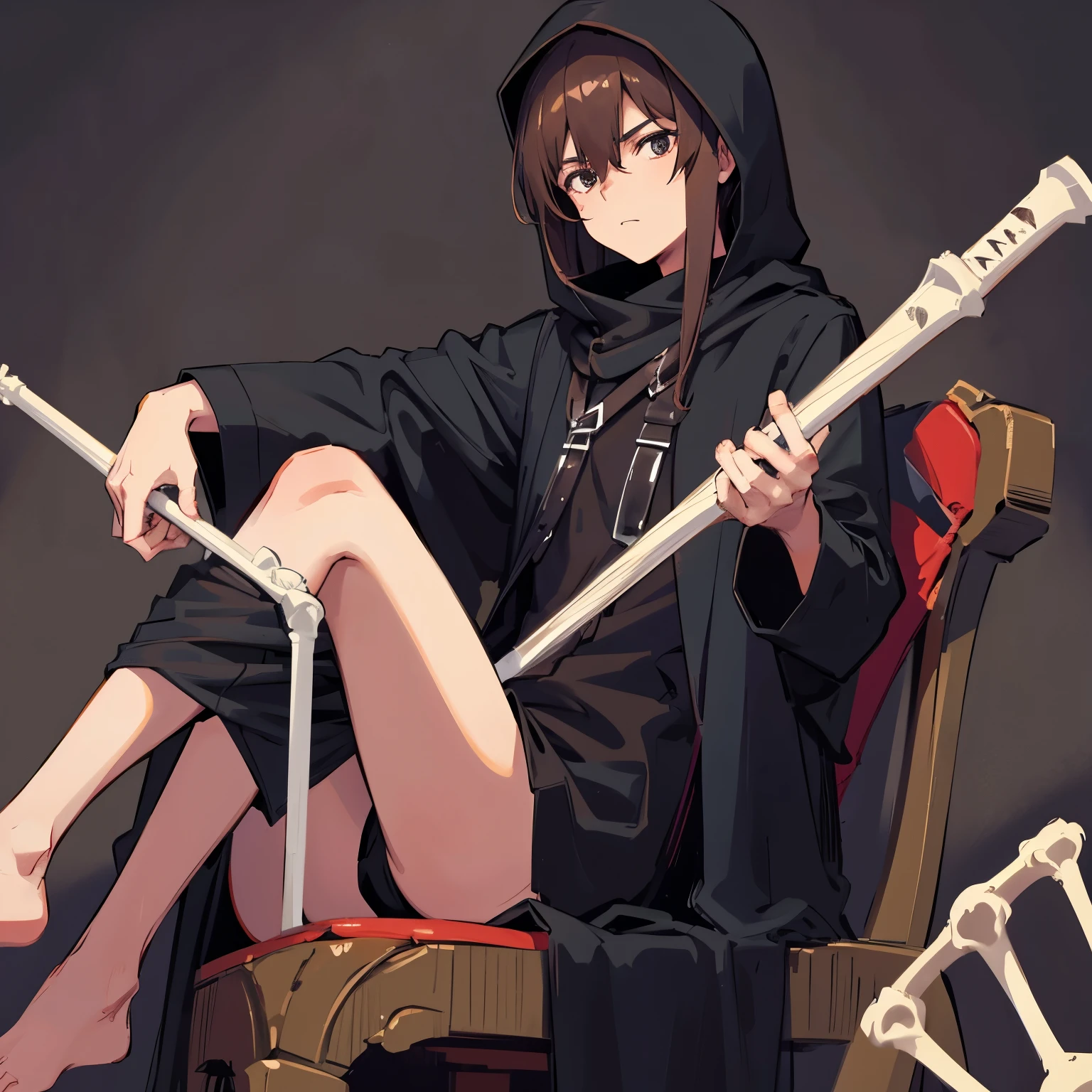 Brown hair　male twenties　Black clothes　sit on the skeleton throne　Grim Reaper Background