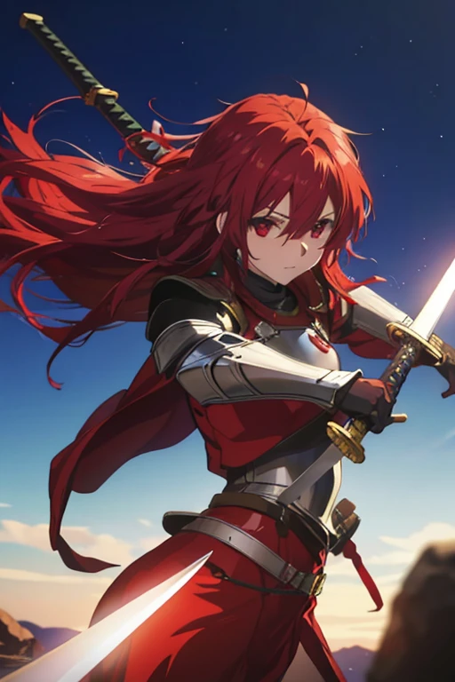 A red haired female knight with red eyes is practicing with her sword