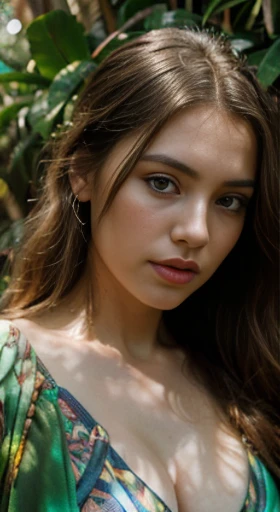 (best quality,ultra-detailed,photorealistic),young woman,beautiful eyes,detailed lips,pensive expression,soft lighting,vibrant colors,,long flowing hair,stylish outfit, jungle background,colorful flowers,natural sunlight,serene atmosphere, big natural breasts, 4k details,