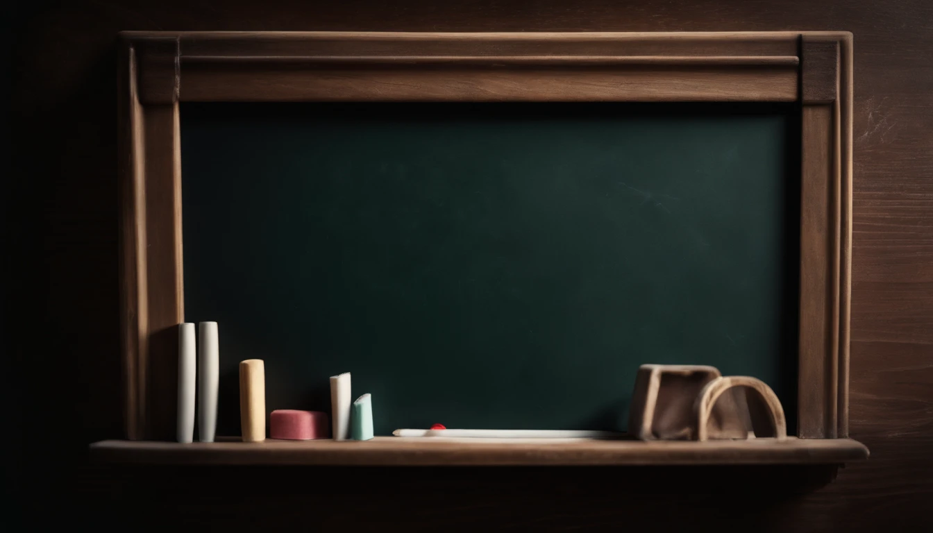 a top-down shot of an empty blackboard, with neat rows of chalk and an eraser nearby, representing the anticipation of creativity and learning