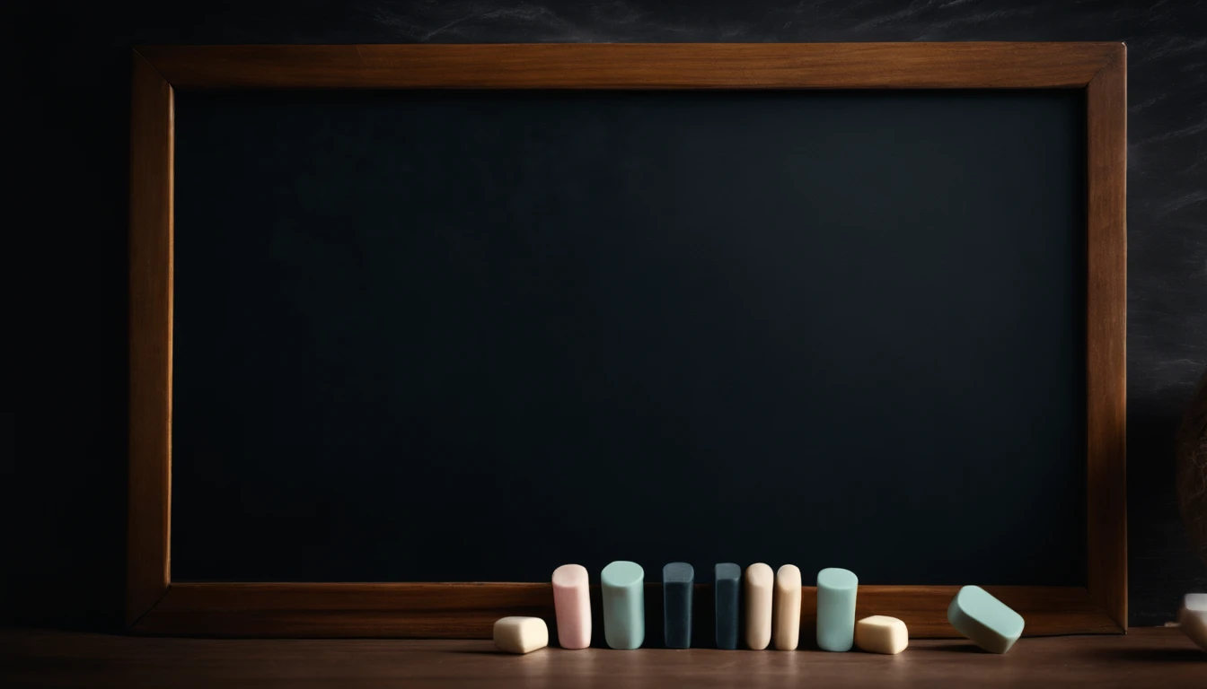 a top-down shot of an empty blackboard, with neat rows of chalk and an eraser nearby, representing the anticipation of creativity and learning