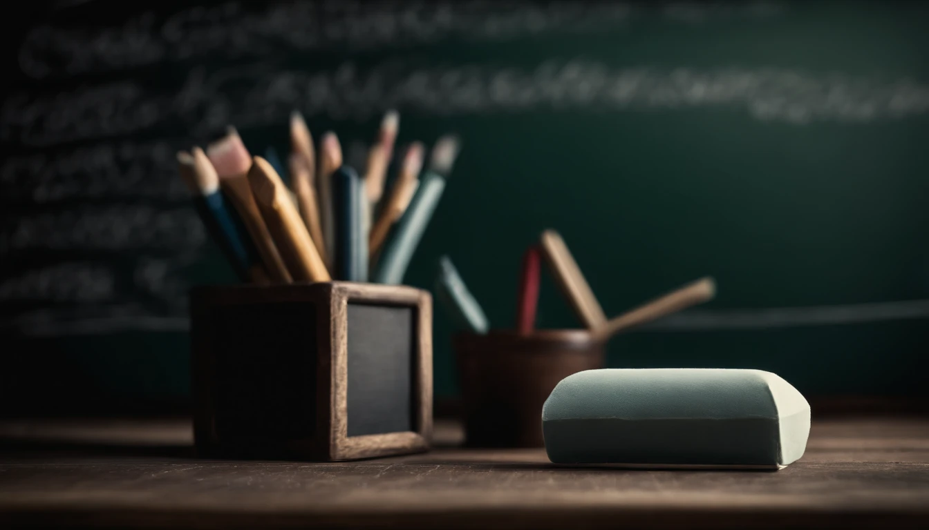 a top-down shot of an empty blackboard, with neat rows of chalk and an eraser nearby, representing the anticipation of creativity and learning