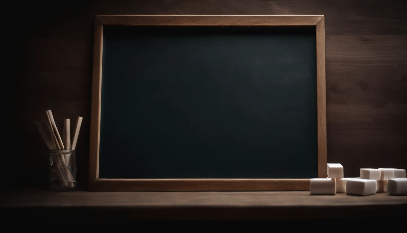 a top-down shot of an empty blackboard, with neat rows of chalk and an eraser nearby, representing the anticipation of creativity and learning