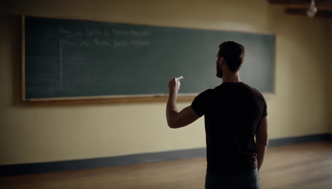 a lifestyle shot of a person standing in front of an empty blackboard, holding a piece of chalk or marker, ready to begin creating or teaching