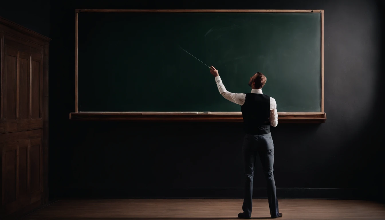 a lifestyle shot of a person standing in front of an empty blackboard, holding a piece of chalk or marker, ready to begin creating or teaching